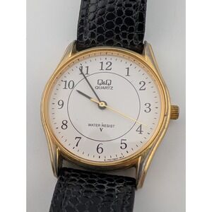 Q&Q Watch Men 32mm Gold Case Black Leather Band- New Battery